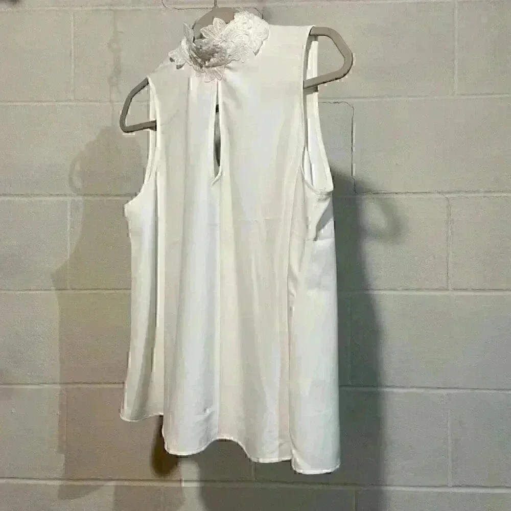 Joie Women's Mock Neck Blouse Medium White Embroidered Sleeveless Sheer Career